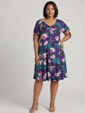 George Plus Size Vibrant Floral Tropical Midi Dress - Purple/Green -Plus Size 2X